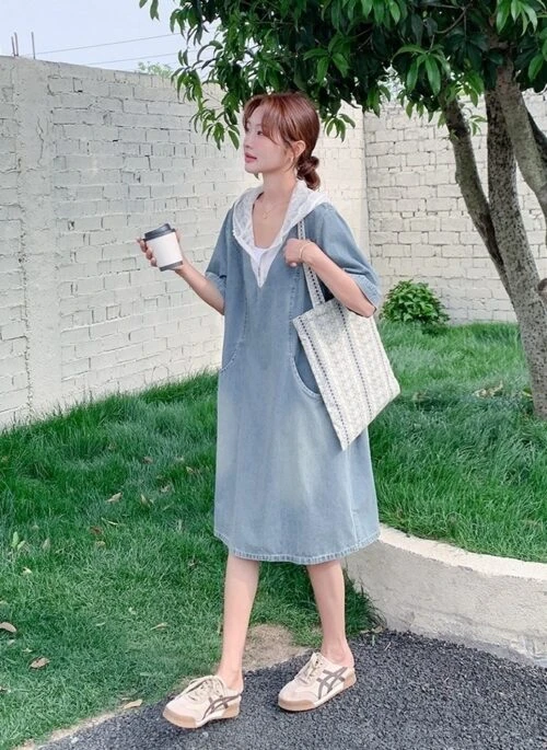 Light Blue Vintage Lace Hooded Denim Dress Summer Collection