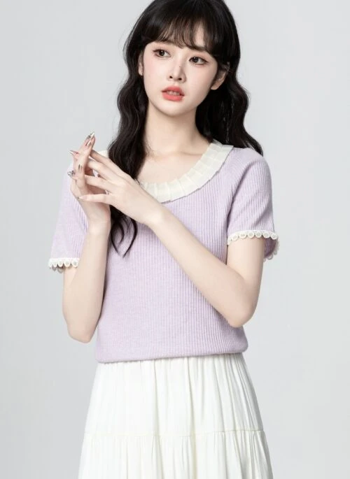 Light Purple Lace Patchwork Knit Short Sleeve Top