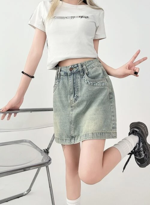 Light Wash Denim High Waist Mini Skirt