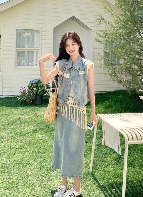 Light Wash Denim Vest And Skirt Set