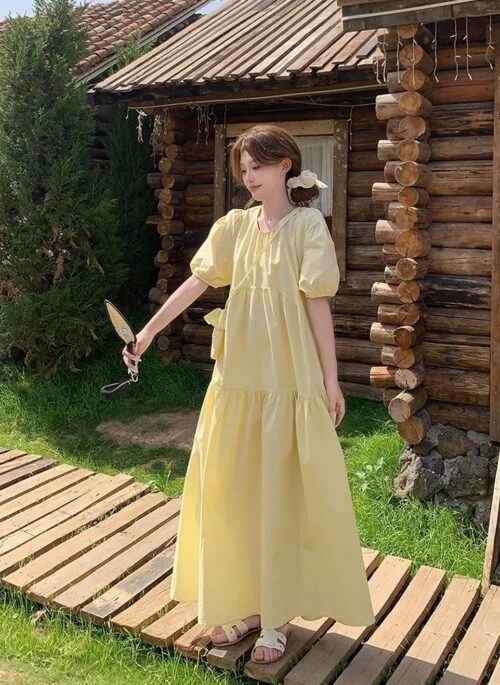Light Yellow Puff Sleeve French Tea Dress