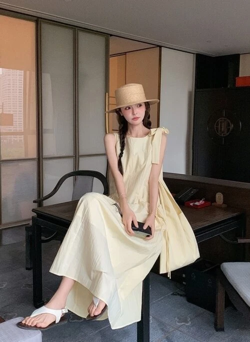 Light Yellow Sleeveless French Style Casual Dress