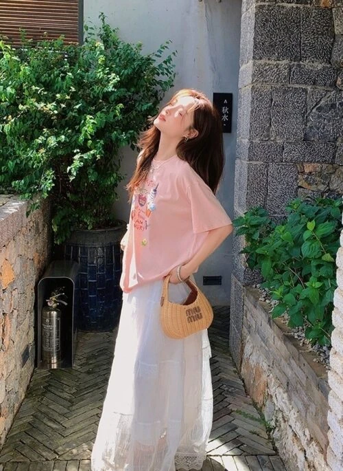 Mesh Skirt And Relaxed T Shirt Set