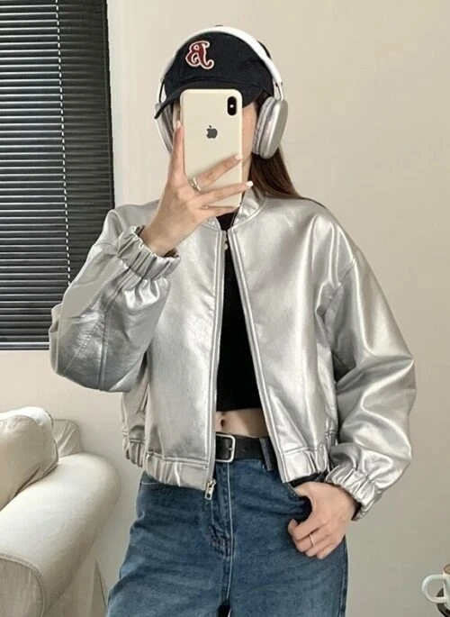 Metallic Grey Cropped Jacket | Juria – XG