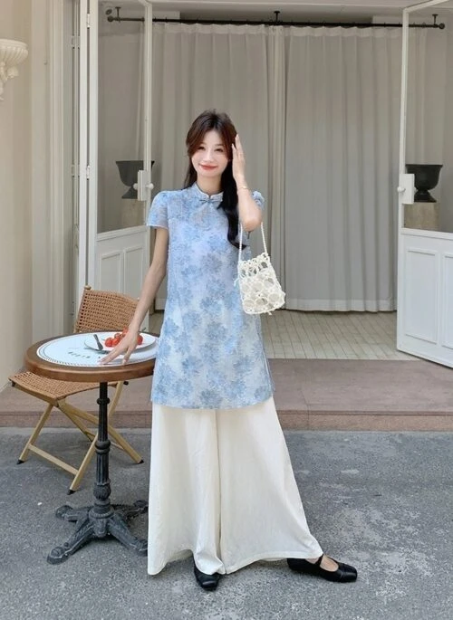 Modern Blue Chinese Style Two Piece Outfit