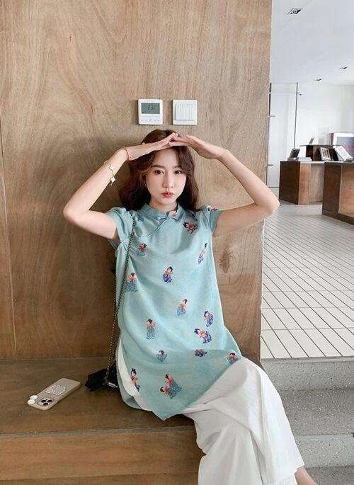 Modern Chinese Style Buttoned Top And Wide Leg Pants Set