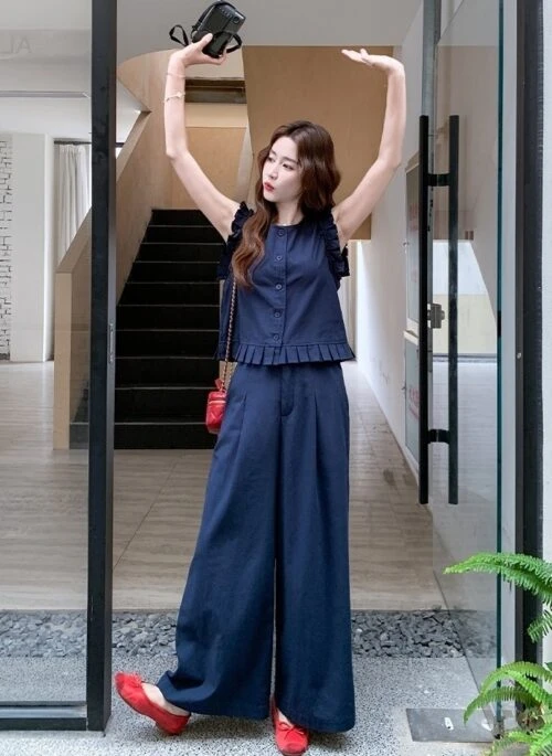 Navy Blue Chic Vest And Wide Leg Pants Set