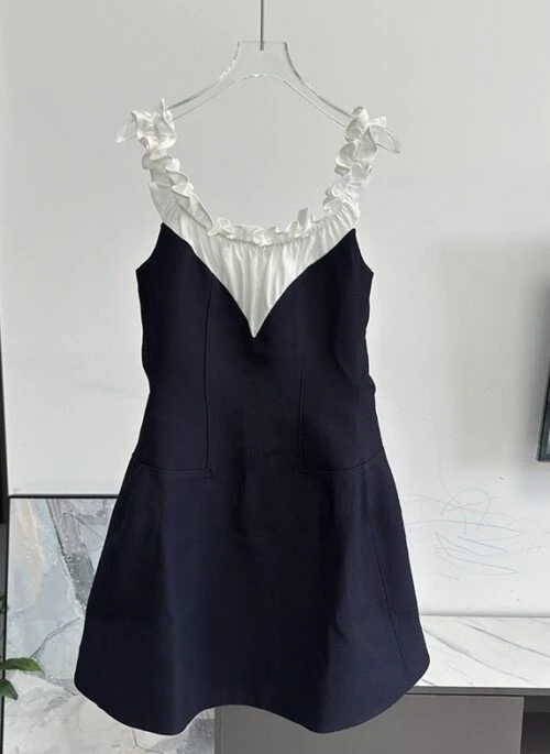 Navy Blue Ruffled Neckline Spliced Dress | Tzuyu – Twice
