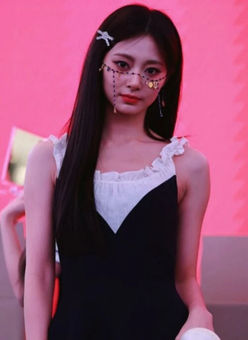Navy Blue Ruffled Neckline Spliced Dress | Tzuyu – Twice