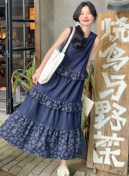 Navy Floral Patchwork Relaxed Fit Sleeveless Dress