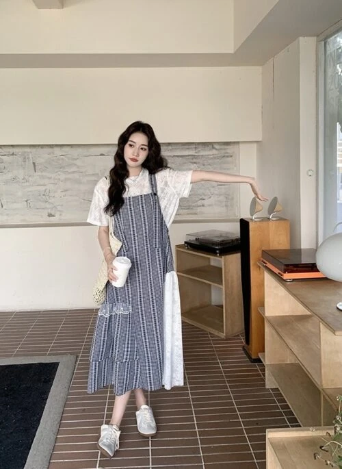 Navy Plaid Suspender Dress Two Piece Summer Set