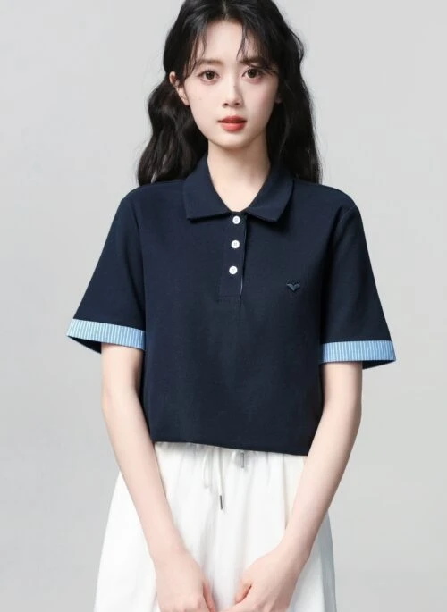 Navy Polo Collar Short Sleeve Colorblock T Shirt