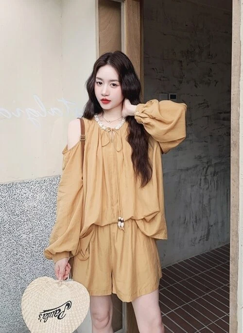 Orange French Relaxed Off Shoulder Top And Shorts Set