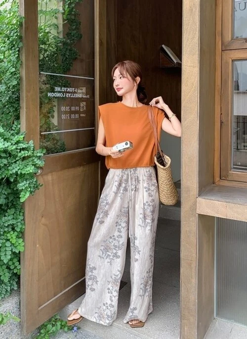 Orange Print Vest Wide Leg Pants Vacation Set