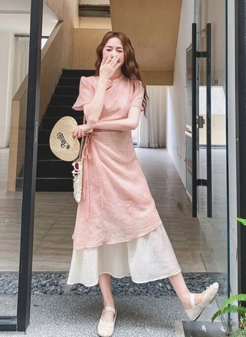 Pink Elegant Tie Waist Layered Maxi Dress