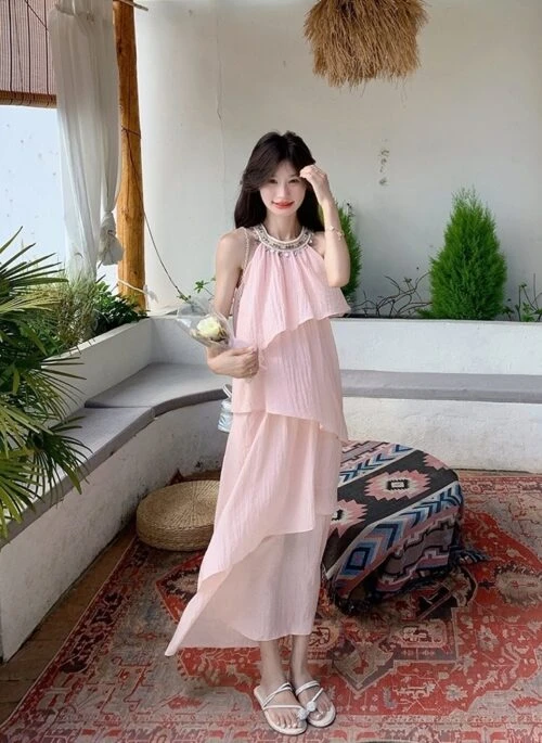 Pink Halter Neck French Style Summer Dress