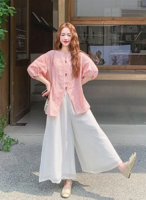 Pink Jacquard Relaxed Shirt Wide Leg Pants Set