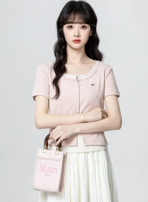 Pink Lace Patchwork Short Sleeve Layered Top