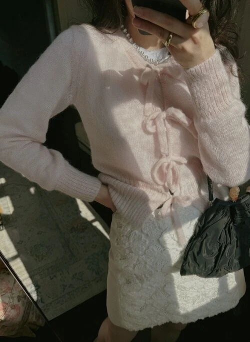 Pink Lace-Up Bow Knit Cardigan | Dahyun – Twice
