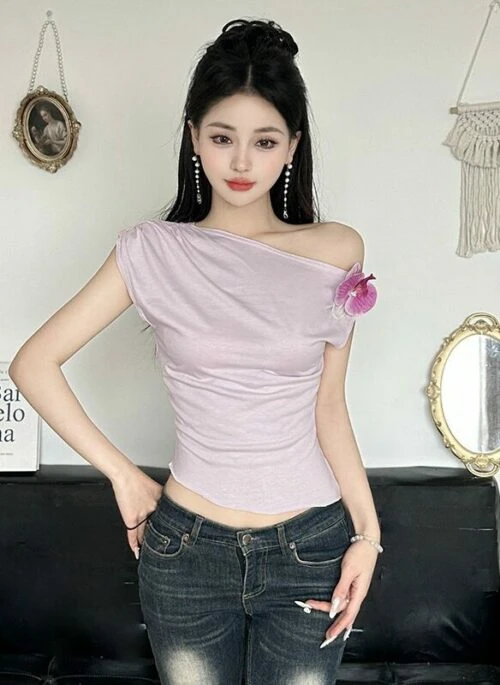 Pink One Shoulder Flower Top | Natty – Kiss Of Life