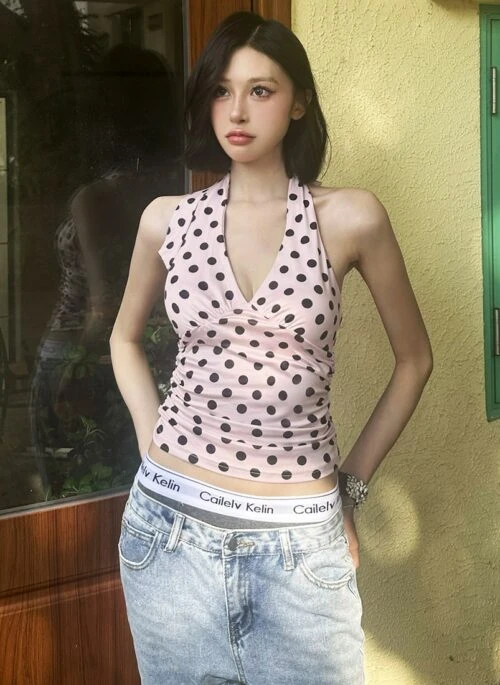 Pink Polka Dot V-Neck Halter Top | Asa – BabyMonster