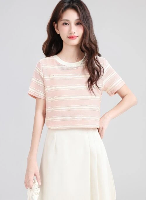 Pink Striped Short Sleeve Loose Fit Crop Top