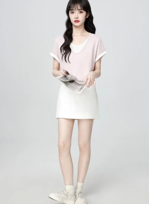 Pink V Neck Colorblock Loose Fit Short Sleeve Top
