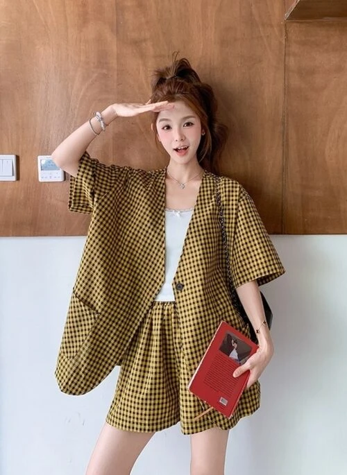 Plaid Casual Short Sleeve Blazer And Shorts Set