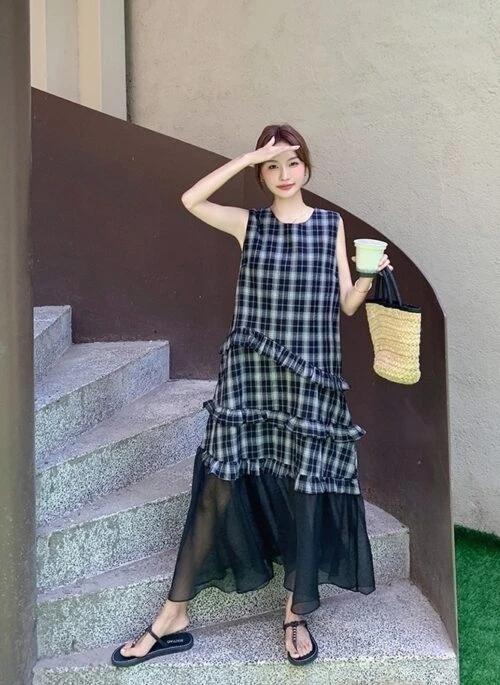 Plaid French Style Mesh Ruffle Trim Dress