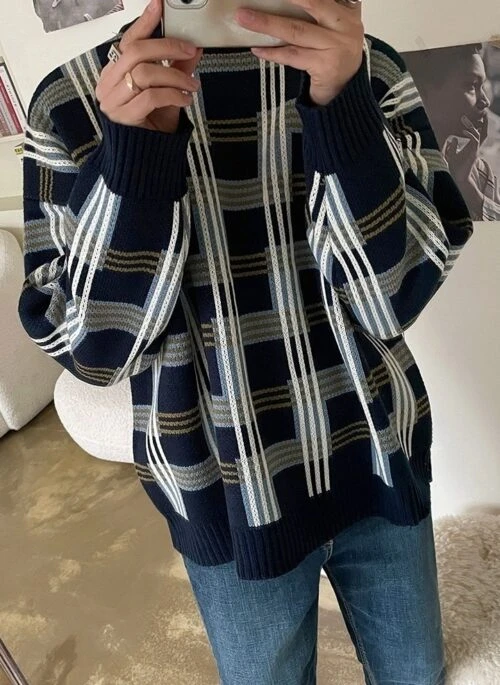 Plaid Knit Pullover Sweater Casual Outerwear
