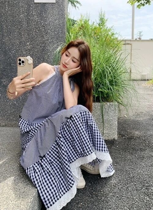 Plaid Patchwork Halter Top Skirt Set Summer Style