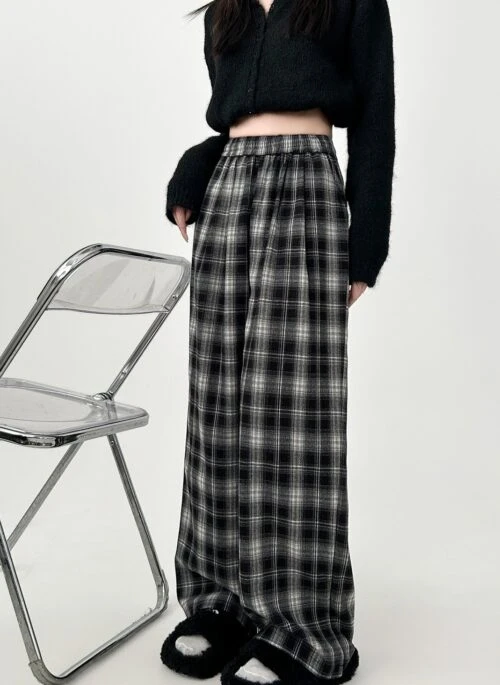 Plaid Relaxed Fit Vintage Wide Leg Casual Pants
