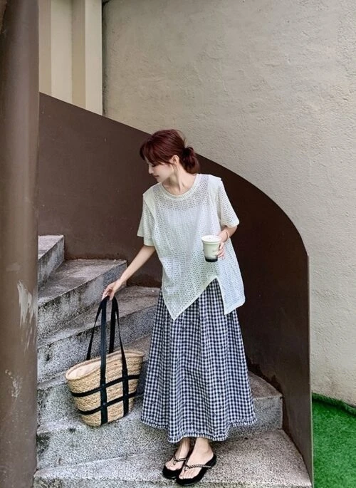 Plaid Skirt And Irregular Top Summer Outfit Set