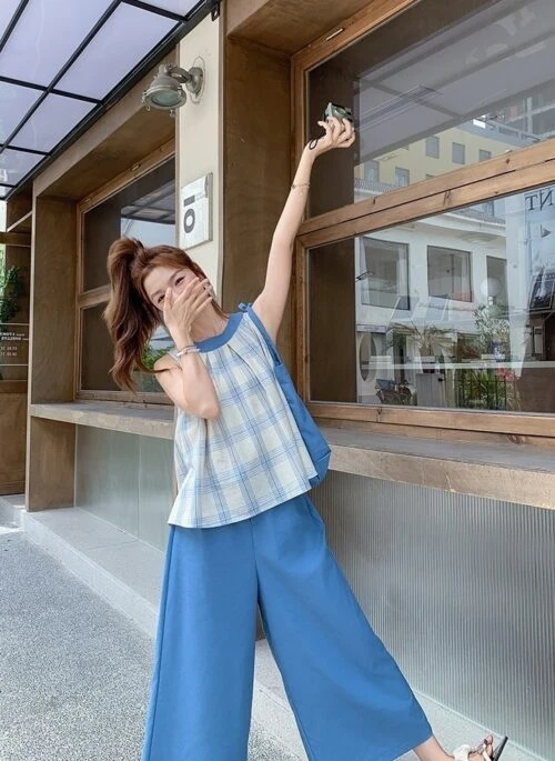 Plaid Vest And Wide Leg Pants Set