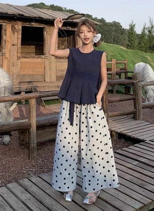 Playful Polka Dot Lace Vest Wide Leg Set