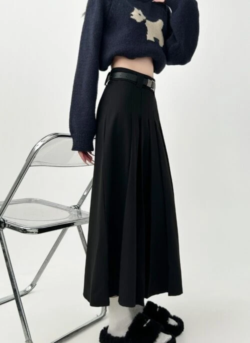 Pleated Gray A Line Midi Skirt