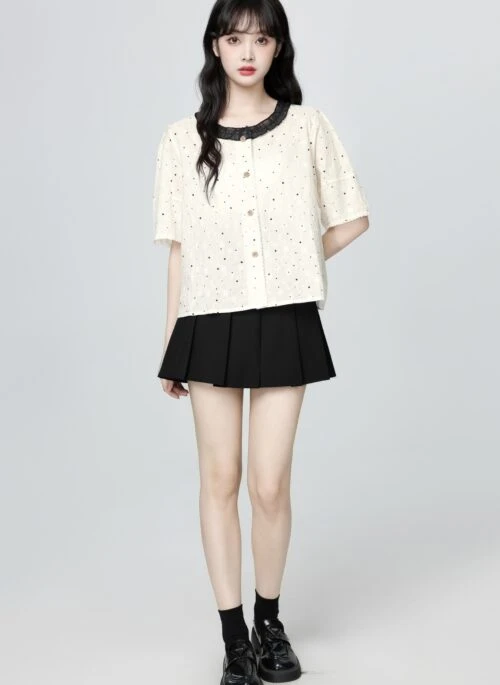 Polka Dot Lace Trim Embroidered Short Sleeve Shirt