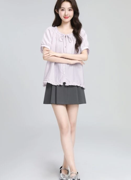 Purple Bow Tie Puff Sleeve Short Sleeve Blouse