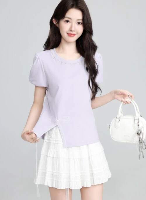 Purple Puff Sleeve Split Hem Short Sleeve Top
