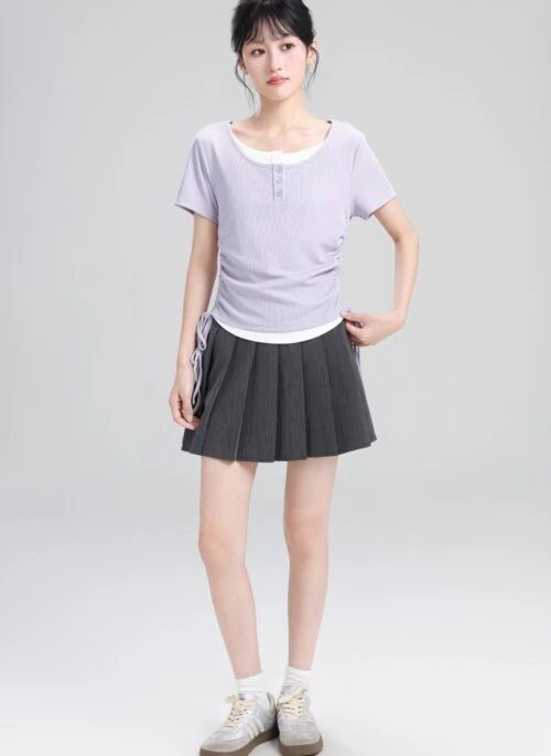 Purple Ruched Drawstring Short Sleeve Layered Top