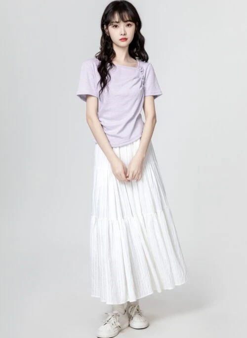 Purple Ruched Floral Design Short Sleeve Top