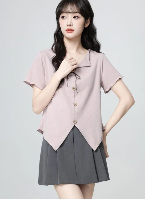 Purple V Neck Short Sleeve Asymmetrical Hem Top