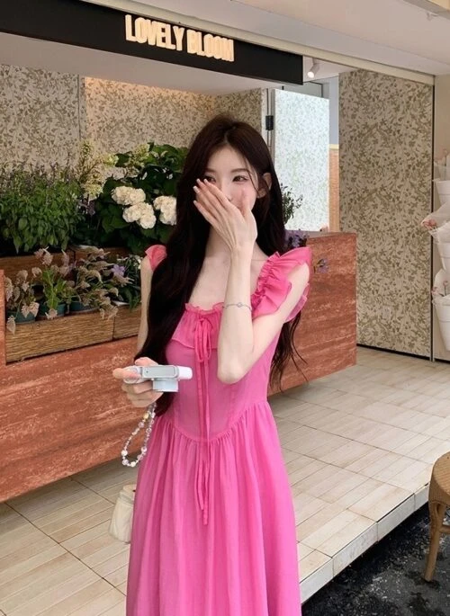Raspberry Square Neck Ruffle Sleeve Maxi Dress