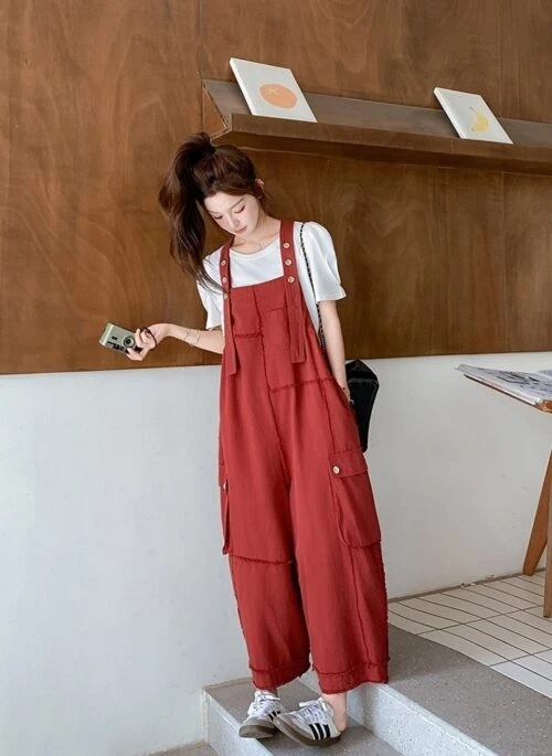 Red Denim Overalls Casual Fringe Wide Leg Pants
