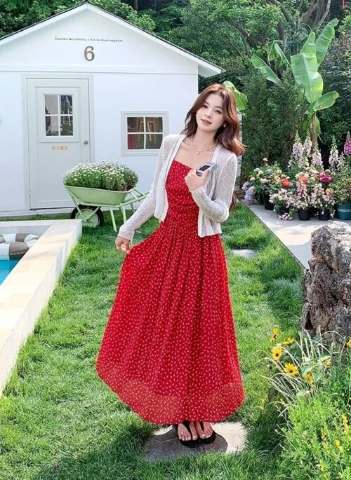 Red Floral Knit Cardigan And Dress Set