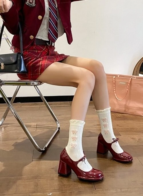Red Glossy Bow-Accent Block Heels | Ruka – BabyMonster