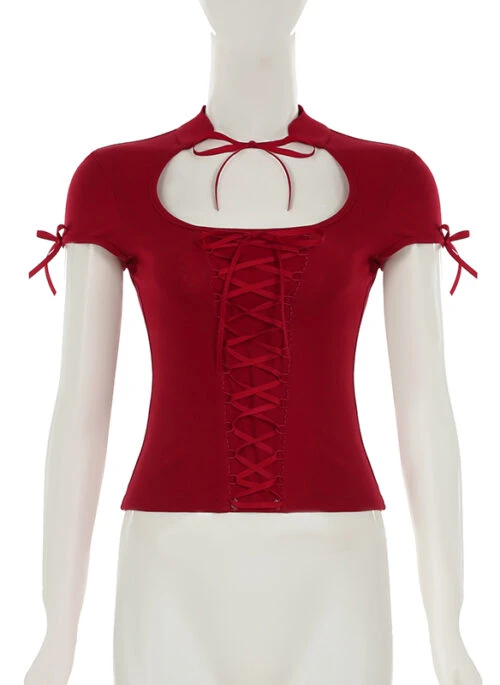 Red Hollow Front Lace-Up Top | Jennie - BlackPink