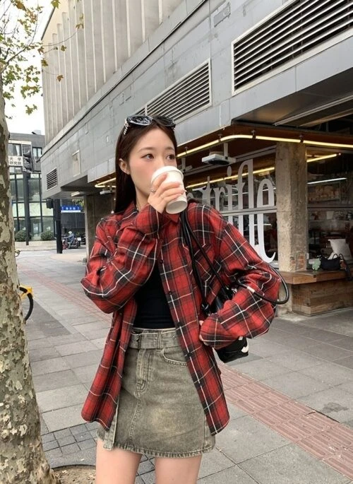 Red Oversized Plaid Shirt | Kim Mi Kyung - The Potato Lab