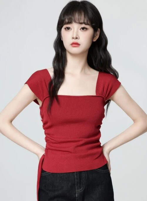 Red Ruched Knit Sleeveless Slim Fit Crop Top