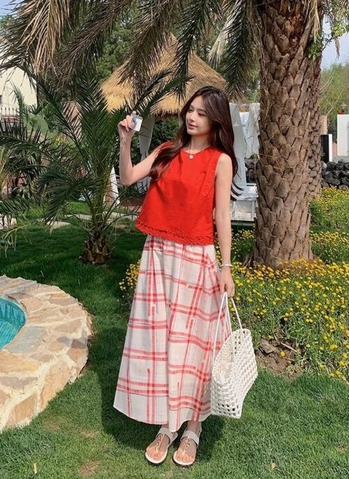 Red Ruffled Vest Plaid Skirt Set